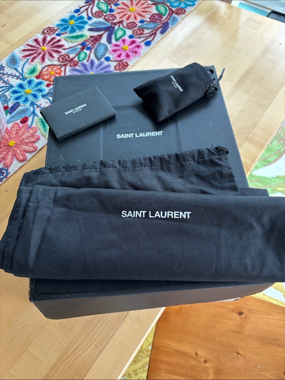 Saint Laurent shoe bags. High top black laces and shoe box, 3 things YSL